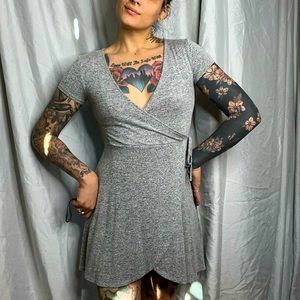 short grey dress with faux wrap around ties.